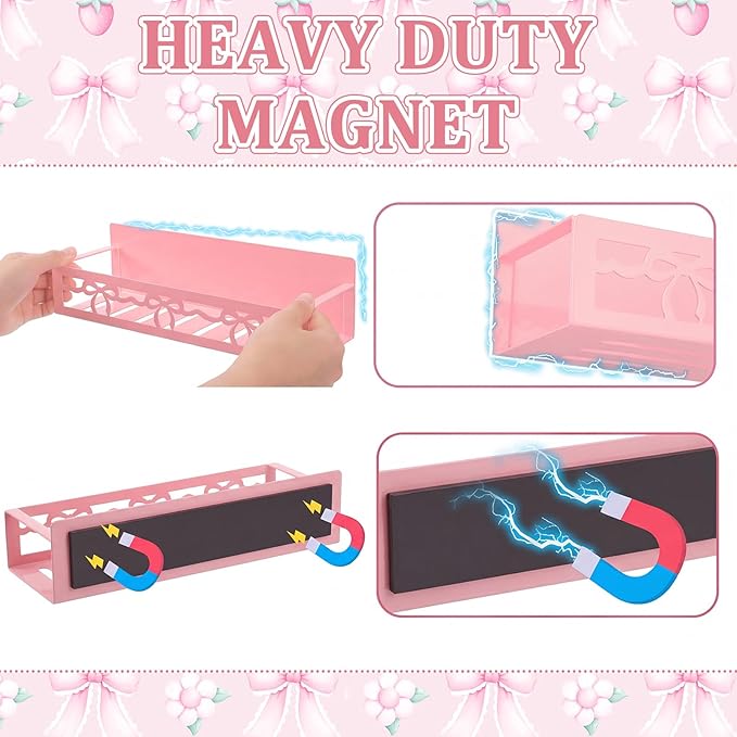 Beeveer 2 Pack Lace Bow Magnetic Spice Rack for Refrigerator Metal Magnet Basket Shelf for Fridge Seasoning Storage Organizers Home Decor Kitchen Accessories (Pink)