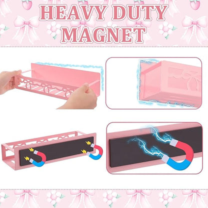 Beeveer 2 Pack Lace Bow Magnetic Spice Rack for Refrigerator Metal Magnet Basket Shelf for Fridge Seasoning Storage Organizers Home Decor Kitchen Accessories (Pink)