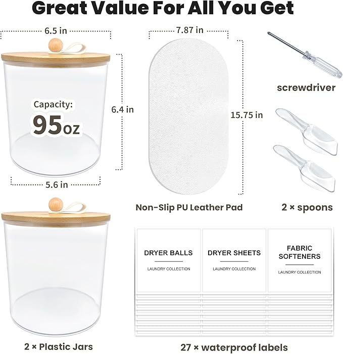 2 Pack Laundry Pods Container,Laundry Room Organization and Storage Jars,Laundry Detergent Container for Powder,Pods,Scent Booster,with Non-Slip PU Leather Pad and Handle,Bamboo Lids,Labels and Scoops