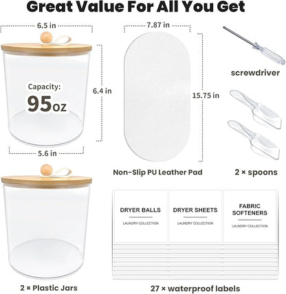 2 Pack Laundry Pods Container,Laundry Room Organization and Storage Jars,Laundry Detergent Container for Powder,Pods,Scent Booster,with Non-Slip PU Leather Pad and Handle,Bamboo Lids,Labels and Scoops
