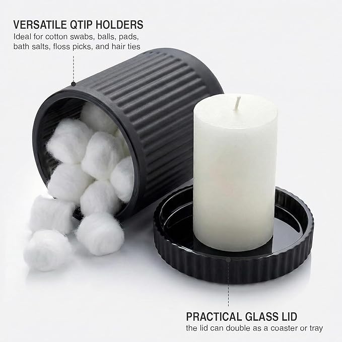 2 Pack Qtip Holder - Apothecary Jars with Lids, Bathroom Organizers and Storage Canister for Cotton Balls,Swabs,Floss Picks,Hair Ties,Clear Glass Vintage Bathroom Decor Jar Set (Black)