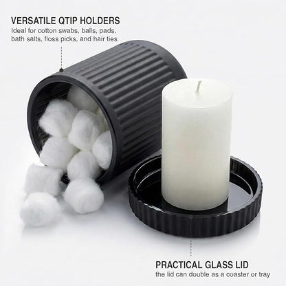 2 Pack Qtip Holder - Apothecary Jars with Lids, Bathroom Organizers and Storage Canister for Cotton Balls,Swabs,Floss Picks,Hair Ties,Clear Glass Vintage Bathroom Decor Jar Set (Black)
