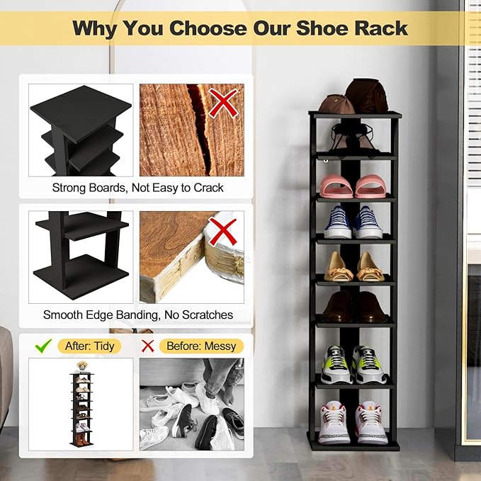 BETTARY 8 Tier Vertical Shoe Rack, Narrow Wooden Corner Shoe Organizer for Small Spaces, Removable Shelves, Anti-toppling Device, Shoe Tower for Entryway, Closet, Bedroom (Black, Single Row)