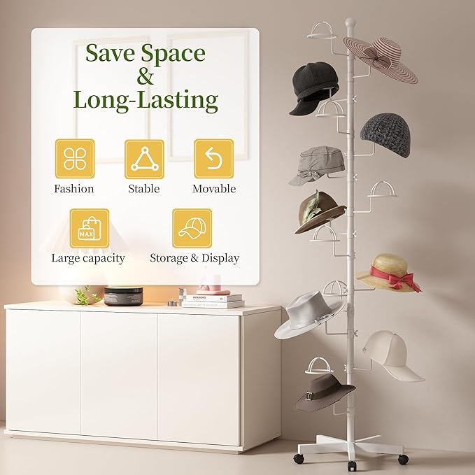 Hat Rack with 15 Circular Hooks Floor Hat Stand Freestanding Hats Rack Stand Adjustable Metal Hats Tree Organizer Rack Display Standing Suitable for Home Store Commercial, White
