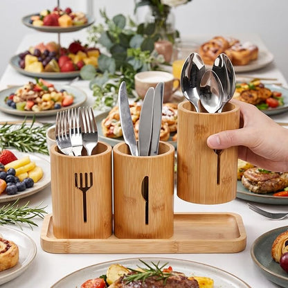 Lyellfe Silverware Holder, Bamboo Utensil Organizer with Tray, Kitchen Cutlery Flatware Holder Organizer for Spoons, Knives and Forks, Ideal for Kitchen and Restaurant