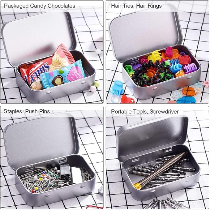 SECALIFE 3Pack Silver Metal Rectangular Hinged Tins Containers Basic Necessities Mini Portable Box Set for DIY Use, Home Organizer