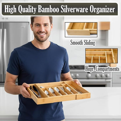 9-Slots Bamboo Drawer Organizers for Kitchen, Expandable Silverware Drawer Organizer, Multipurpose Utensil Organizer for Kitchen Drawers, Large Cutlery Drawer Organizer for Spoons, Forks & Knives