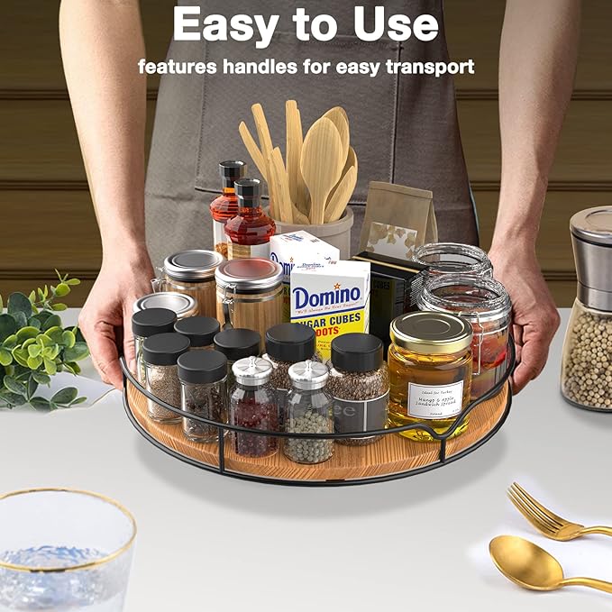Lazy Susan Turntable Organizer with Anti-Slip Mat for Cabinet Pantry Kitchen Countertop Refrigerator Office, Pine Wood, 13", Carbonized Black