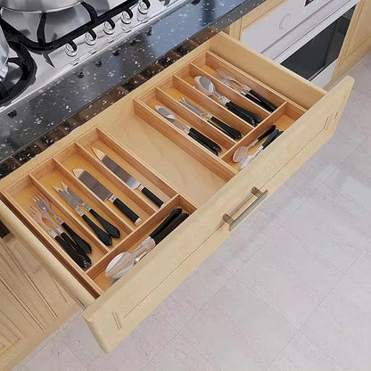 Bamboo Cutlery Drawer Organizer, Kitchen Utensil Organizer with Dividers for Flatware, Silverware Knives in Kitchen, Bedroom, Living Room (5 Slots)