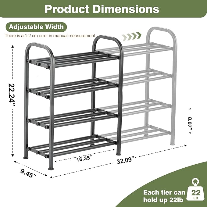 4-Tier Expandable Shoe Rack, Stackable and Adjustable Shoes Organizer Storage Shelf, Sturdy and Durable Metal Structure Free Standing Shoe Rack for Closet Entryway Doorway