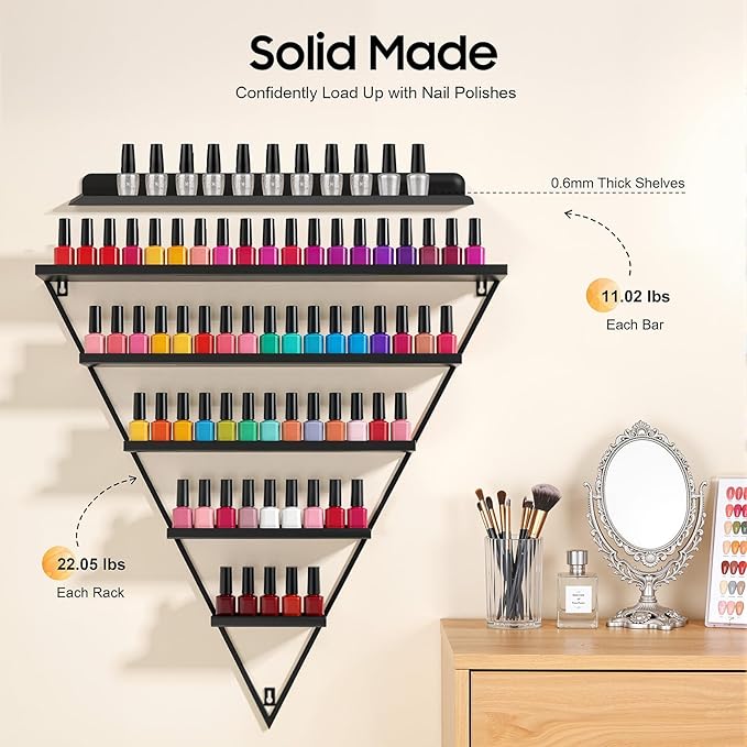 Elegant Gold Wall Mounted Nail Polish Rack - Set of 6 Triangular Cosmetic Display Shelves for Essential Oil Bottles, Organize Your Lipsticks and Perfumes in Style at Home or Salon (Black)