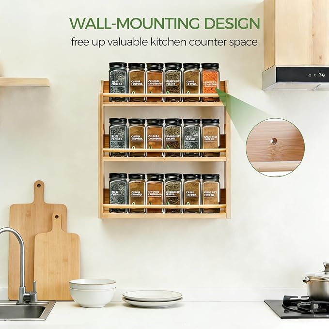 Bamboo Spice Rack Organizer, 3 Tier Spice Storage Rack with Handles, Wood Seasoning Jars Shelf for Kitchen Counter, Pantry or Wall Mounting