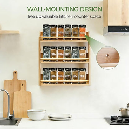 Bamboo Spice Rack Organizer, 3 Tier Spice Storage Rack with Handles, Wood Seasoning Jars Shelf for Kitchen Counter, Pantry or Wall Mounting