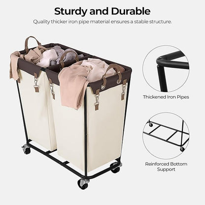 StorageWorks 280L Large Laundry Hamper with Wheels, Laundry Basket with Wheels 2 Sections, Clothes Sorter Cart with Divider for Hotel, Home, Beige, 1-Pack