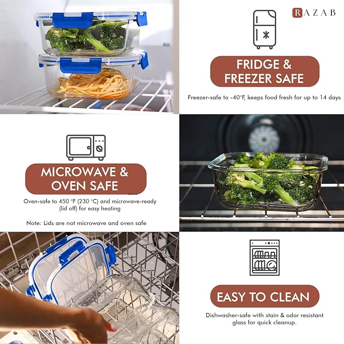 Razab 2 PC 1200ML / 41 Oz Glass Food Storage Containers with Lids - Airtight & Leakproof - Microwave/Oven/Freezer Safe - BPA Free - Ideal for Meal Prep, Storing Leftover & Lunch