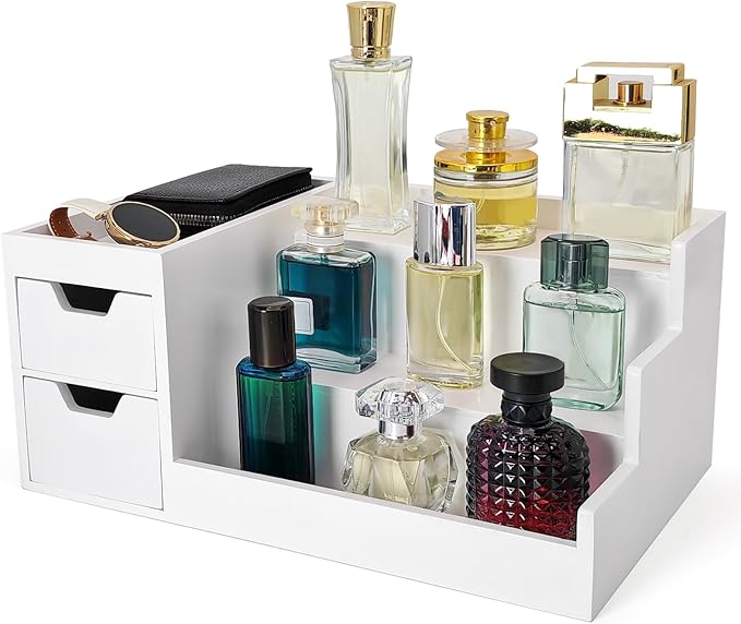 Countertop Perfume & Makeup Organizer - Wooden Rack, Cologne Stand Shelves & Skincare Organizer for Bedroom Dresser, Organizador de Perfumes Estante para Perfumes (White, 01)