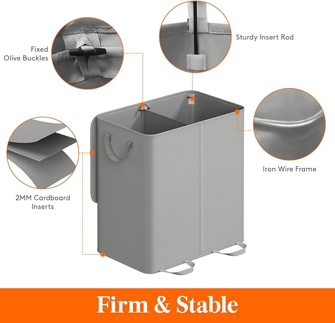 Lifewit Double Laundry Hamper with Lid and Removable Laundry Bags, Large Collapsible 2 Dividers Dirty Clothes Basket with Handles for Bedroom Laundry Room Closet Bathroom College, 136L Silver Gray