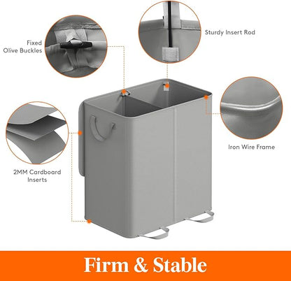 Lifewit Double Laundry Hamper with Lid and Removable Laundry Bags, Large Collapsible 2 Dividers Dirty Clothes Basket with Handles for Bedroom Laundry Room Closet Bathroom College, 136L Silver Gray