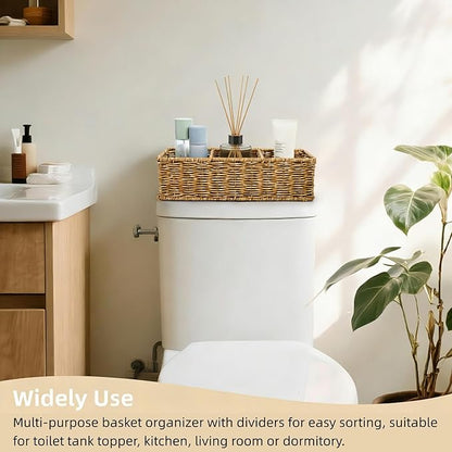 Covzoe 2 Pack Wicker Storage Basket, 3 Compartments Plastic Toilet Tank Topper Woven Basket, Rattan Storage Container Countertop Organizer for Bathroom Bedroom Decor, Tan