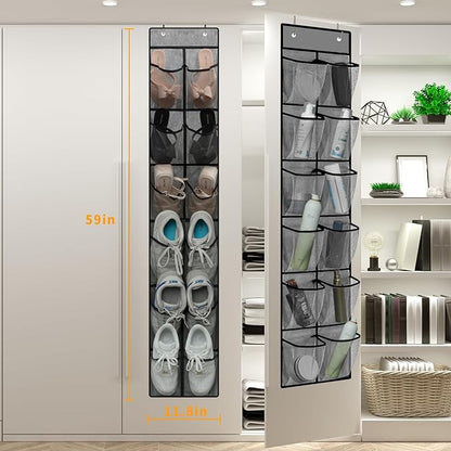 MSLOVE Narrow Over The Door Shoe Organizer, 12 Large Mesh Pockets Hanging Shoe Organizer for Closet Organizers and Storage, Grey, 2 Pack