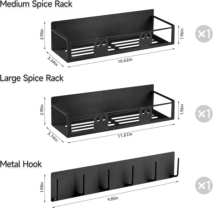 Magnetic Spice Rack for Refrigerator,Spice Organizer for Kitchen,Seasoning Organizer Rack,Magnetic Shelf with Hooks,Strong Magnet,Moveable,No Drilling(3 Pack,Black,Owl)