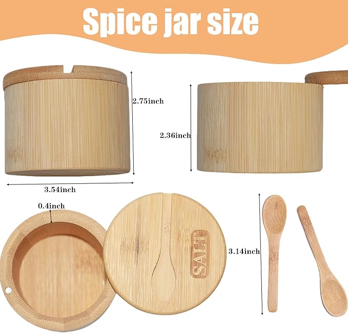 2 Pack Bamboo Salt and Pepper Bowls, Spice Cellar with Swivel Lid and Spoons, Round, 6 Ounces, Bamboo