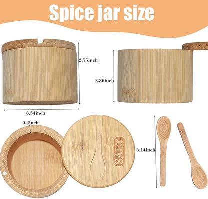 2 Pack Bamboo Salt and Pepper Bowls, Spice Cellar with Swivel Lid and Spoons, Round, 6 Ounces, Bamboo