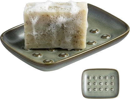 Miamolo Ceramic Soap Dish for Shower, Non-Slip Bar Soap Saver Tray Bar for Bathroom Kitchen Sink Bathtub, Easy to Clean, Dishwasher Safe, Raised Pattern - Keep Soap Dry, Dark Green