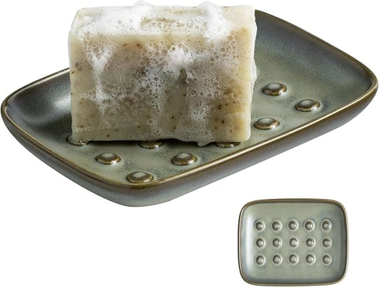 Miamolo Ceramic Soap Dish for Shower, Non-Slip Bar Soap Saver Tray Bar for Bathroom Kitchen Sink Bathtub, Easy to Clean, Dishwasher Safe, Raised Pattern - Keep Soap Dry, Dark Green