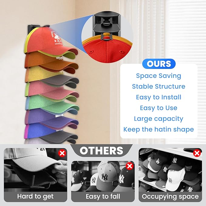 Vrurc Hat Organizer for Baseball Caps, 2 Pack Wall Mounted Rack with Strong Adhesive, Multilayer Storage Holds 40 Hats for Closet Door, Bedroom & Entryway, Space-Saving Display Holder (Black)