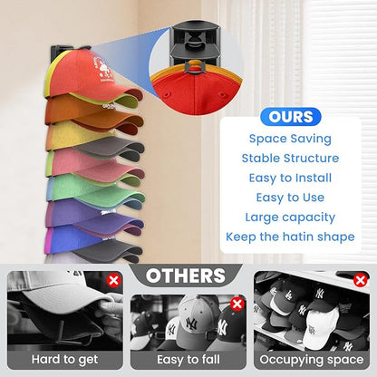 Vrurc Hat Organizer for Baseball Caps, 2 Pack Wall Mounted Rack with Strong Adhesive, Multilayer Storage Holds 40 Hats for Closet Door, Bedroom & Entryway, Space-Saving Display Holder (Black)
