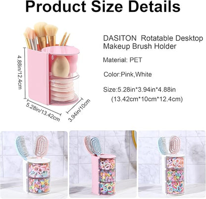 DASITON 2-Layer Makeup Brush Holder with Hair Accessories Organizer, Rotatable Desktop Organizer Case for Hair Clip, Makeup Sponge, Jewelry and Hair Accessories, Hair Brush Holder for Vanity (Pink)