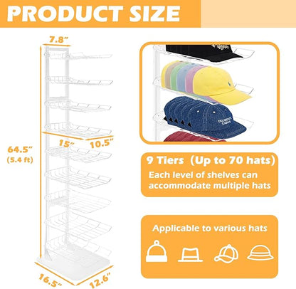 Hat Display 9 Tier, Hat Rack Stand Up to 70 Caps, Metal Hat Stands for Multiple Hats, Commercial Retail Hats Display, White