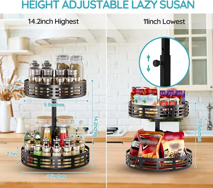 2 Tier Lazy Susan Organizer - 360° Rotating Spice Rack, Adjustable Industrial Spinning Spice Holder, Versatile Countertop Organizer for Cabinet, Pantry, Kitchen, Dining Table, Bathroom and Vanity