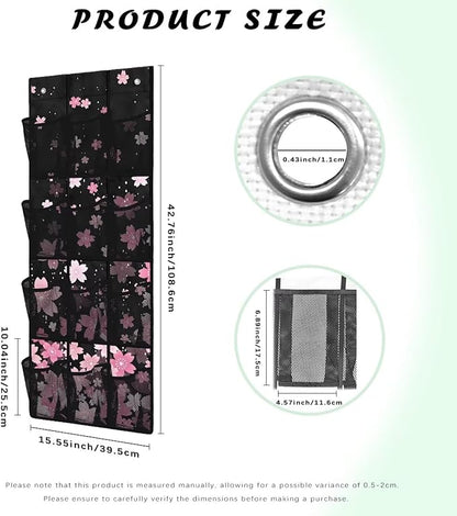 Extra Large Door Organizer with 12 Mesh Pockets, Storage Hanging Bag Behind the Door for Shoes Toys Cleaning Supplies, Cherry Blossom