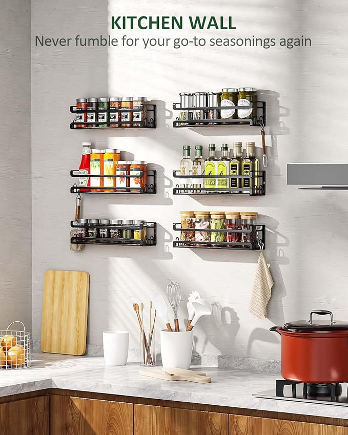 Doakhirmit 4 Pack Wall Mount Spice Rack with 16 Hooks,Hanging Spice Rack Organizer for Stove Cabinet Pantry Door, Screw or Adhesive Wooden Spice Shelf for Kitchen and RV Camper, Black