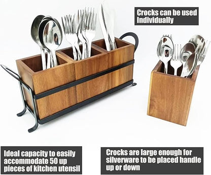 NelyBet Utensil Caddy Silverware Cutlery Holder with 3 Compartment, Wooden Utensil Crock Flatware Organizers with Metal Tray, Rustic Kitchen Utensil Organizers for Farmhouse Kitchen and Countertop
