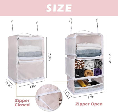 Surblue Hanging Shelves Travel Storage Bag Compression Packing Cube for Suitcase Collapsible with Extension Layer Large Capacity, Pink,XL