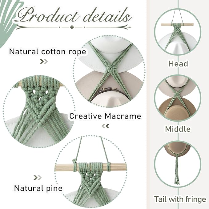 Yulejo Macrame Hat Hangers Boho Hat Rack Cowboy Hat Hanger Back of Door Hat Organizer (Sage Green,Four Hats Style)