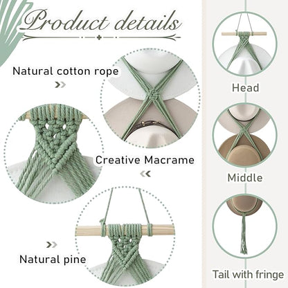 Yulejo Macrame Hat Hangers Boho Hat Rack Cowboy Hat Hanger Back of Door Hat Organizer (Sage Green,Four Hats Style)