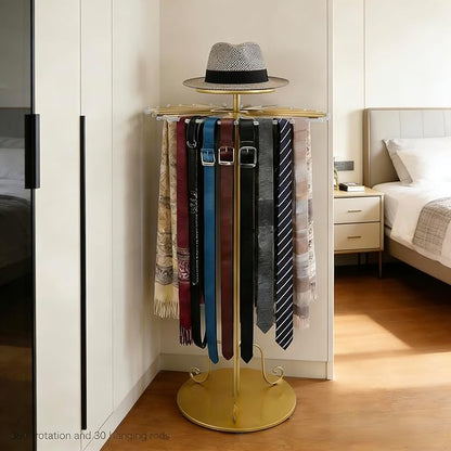 Gold 360°Rotating Scarf Display Tie Rack Belt Hanger Shawl Hijab Stand, Boutique Retail Display Stand Home Organizer Holder for Commercial Clothing Store, Bedroom(49.2in, 30 Hanging Rods)