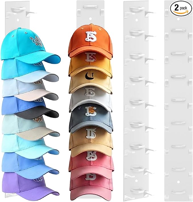 Hat Organizer for Baseball Caps, 2 Pack Hat Rack for Wall Hold up to 18 Hats Strong Adhesive Hat Hooks Stand Multilayer Hat Hanger Organizer Storage Holder Display for Door Closet Bedroom（White)