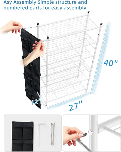 6 Tier 27" Metal Shoe Rack for Closet, Shoe Organizer Storage Shlef with Pocket, White