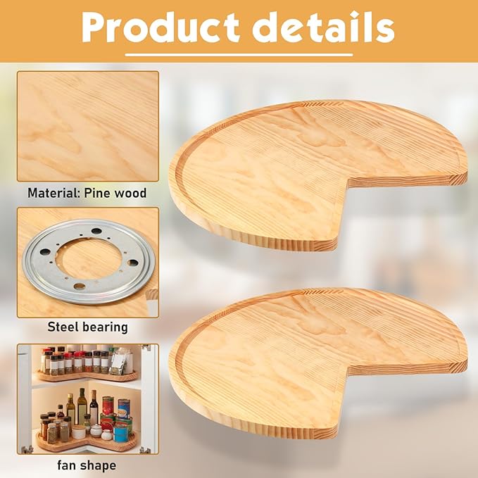 Leinuosen 2 Pcs 24in/28in/32in Banded Pine Wood Full Kidney Shaped Lazy Susan for Corner Base Cabinets with Iron Swivel Bearing for Kitchen Turntables, Not Include Metal Rod(24 Inch,Wood Color)