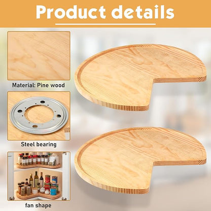Leinuosen 2 Pcs 24in/28in/32in Banded Pine Wood Full Kidney Shaped Lazy Susan for Corner Base Cabinets with Iron Swivel Bearing for Kitchen Turntables, Not Include Metal Rod(28 Inch,Wood Color)