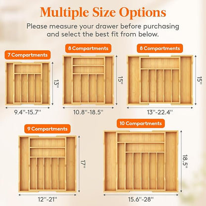 Lifewit Silverware Drawer Organizer, Expandable Utensil Tray for Kitchen, Flatware and Cutlery Holder, Wood Adjustable Storage for Spoons Forks Knives, 13-22x15/ 33-56x38cm, Natural and Black
