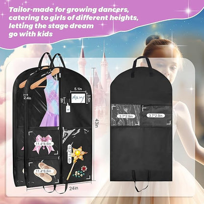 Sishynio Garment Bags for Dance Costumes 3 Pack, 43 Inch Black Kids Garment Bag with 5 Pockets, Waterproof Hanging Clothes Bag for Dance Competitions Cheer Uniform Suit Travel