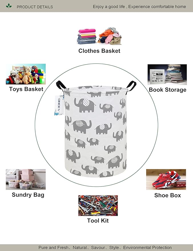 Round Elephant Laundry Basket,Collapsible Laundry Hamper for Nursery,Cute Elephant Toy Storage Bin for Kids,Waterproof Storage Basket for Home,Bedroom,Playroom,New Parent Gift(Grey Elephant)