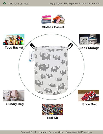 Round Elephant Laundry Basket,Collapsible Laundry Hamper for Nursery,Cute Elephant Toy Storage Bin for Kids,Waterproof Storage Basket for Home,Bedroom,Playroom,New Parent Gift(Grey Elephant)