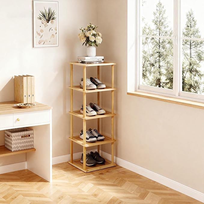 Aniston 5 Tier Small Shoe Rack Bamboo, Free Standing Slim Narrow Shoe Storage, Vertical Tall Shoe Shelf Organiser for Garage, Closet, Doorway, Corner, Living Room Small Spaces